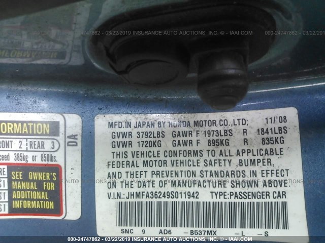 JHMFA36249S011942 - 2009 HONDA CIVIC HYBRID BLUE photo 9