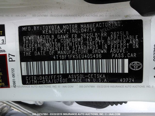 4T1BF1FK5EU405496 - 2014 TOYOTA CAMRY L/SE/LE/XLE 白色 照片 9