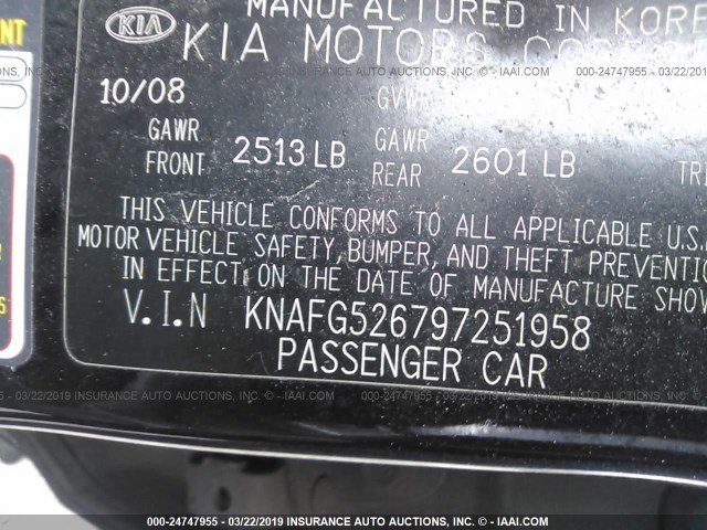 KNAFG526797251958 - 2009 KIA RONDO LX/EX BLACK photo 9