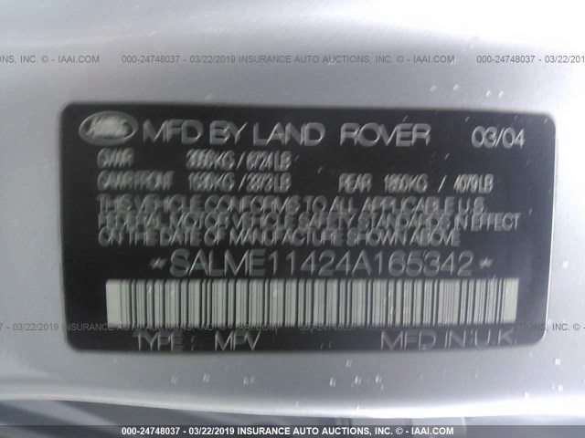 SALME11424A165342 - 2004 LAND ROVER RANGE ROVER HSE SILVER photo 9