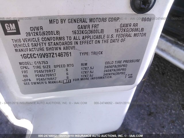 1GCEC19V97Z146761 - 2007 CHEVROLET SILVERADO C1500 CLASSIC WHITE photo 9