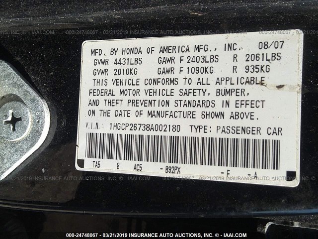 1HGCP26738A002180 - 2008 HONDA ACCORD EX BLACK photo 9