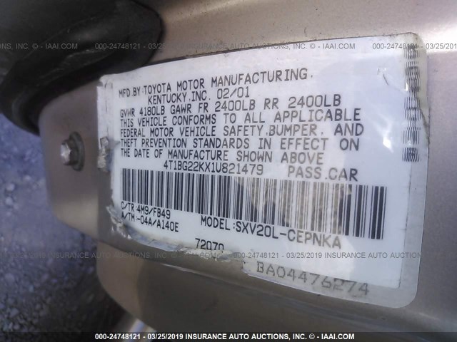 4T1BG22KX1U821479 - 2001 TOYOTA CAMRY CE/LE/XLE GOLD photo 9