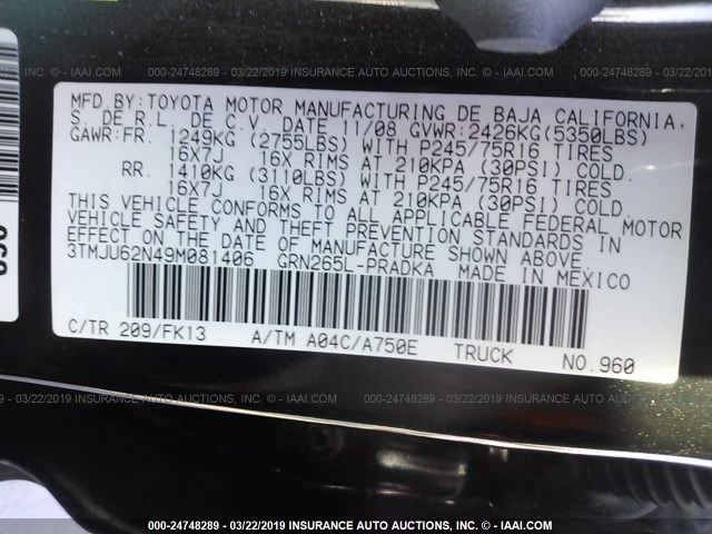 3TMJU62N49M081406 - 2009 TOYOTA TACOMA DOUBLE CAB PRERUNNER BLACK photo 9