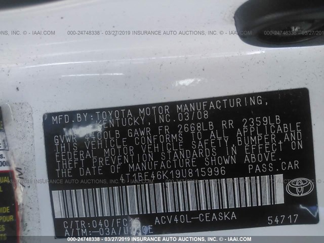 4T1BE46K19U815996 - 2009 TOYOTA CAMRY SE/LE/XLE WHITE photo 9