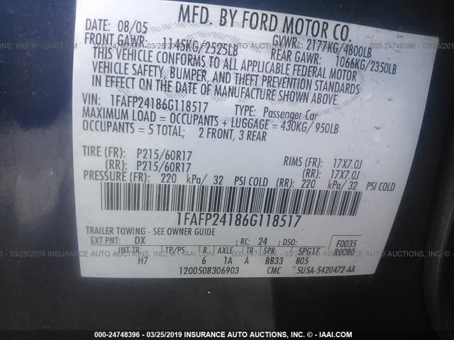 1FAFP24186G118517 - 2006 FORD FIVE HUNDRED SEL BLUE photo 9