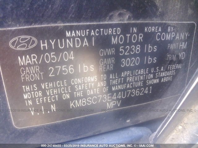 KM8SC73E44U736241 - 2004 HYUNDAI SANTA FE GLS/LX BLUE photo 9