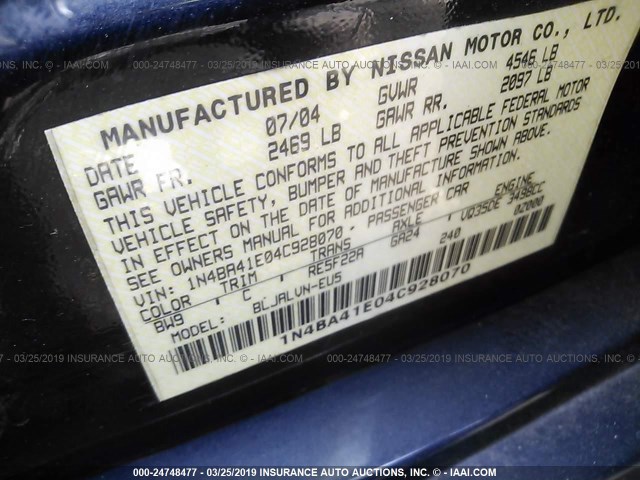 1N4BA41E04C928070 - 2004 NISSAN MAXIMA SE/SL BLUE photo 9