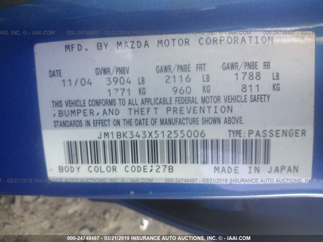 JM1BK343X51255006 - 2005 MAZDA 3 HATCHBACK BLUE photo 9