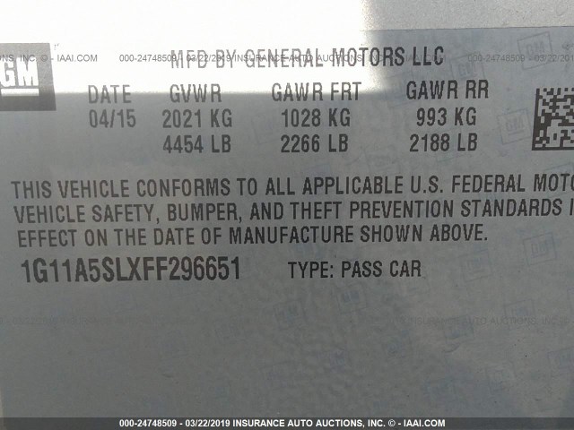 1G11A5SLXFF296651 - 2015 CHEVROLET MALIBU LS 金色 照片 9