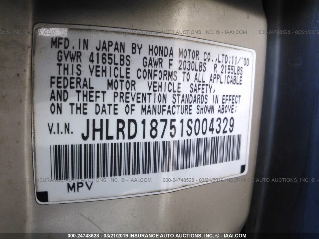 JHLRD18751S004329 - 2001 HONDA CR-V SE/LE GOLD photo 9