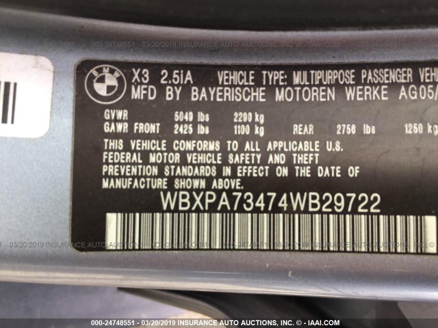 WBXPA73474WB29722 - 2004 BMW X3 2.5I Light Blue photo 9