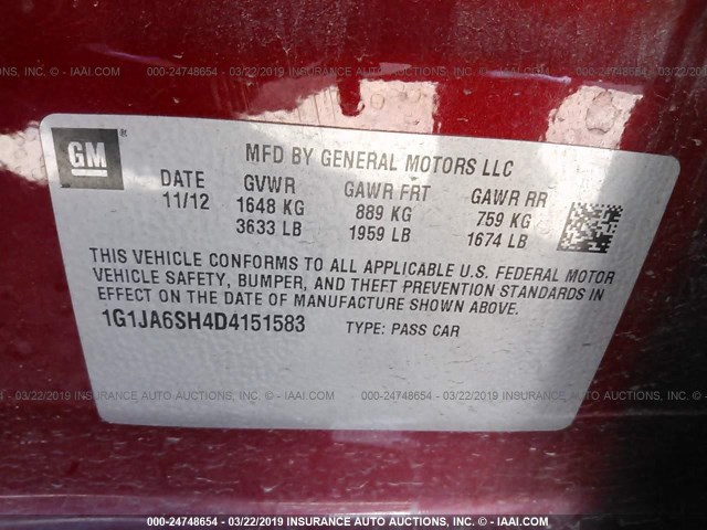1G1JA6SH4D4151583 - 2013 CHEVROLET SONIC LS RED photo 9