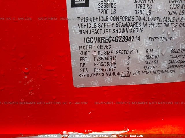 1GCVKREC4GZ394714 - 2016 CHEVROLET SILVERADO K1500 LT RED photo 9