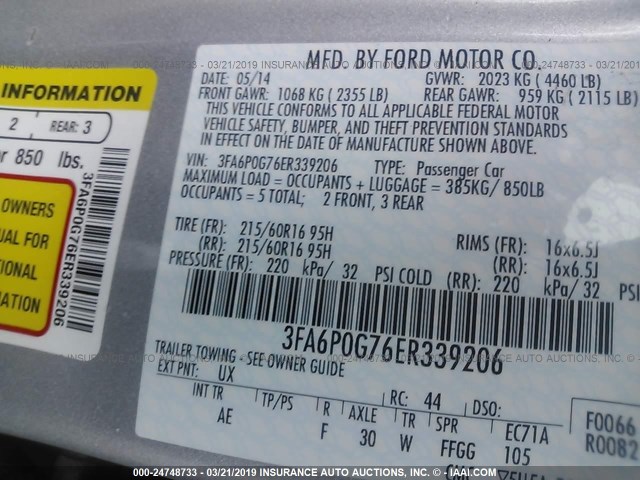 3FA6P0G76ER339206 - 2014 FORD FUSION S GRAY photo 9