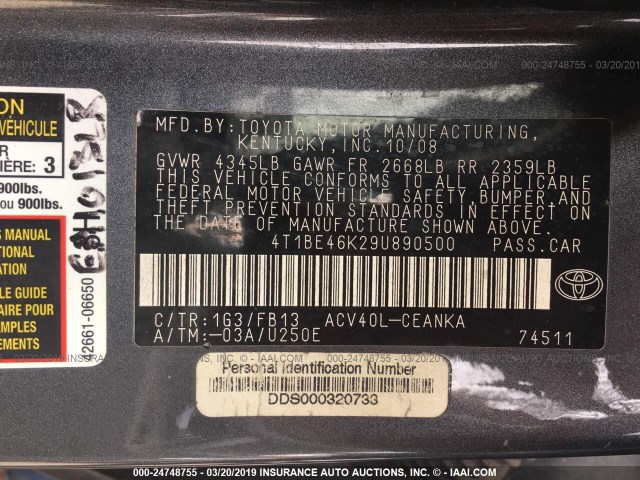 4T1BE46K29U890500 - 2009 TOYOTA CAMRY SE/LE/XLE 黑色 照片 9