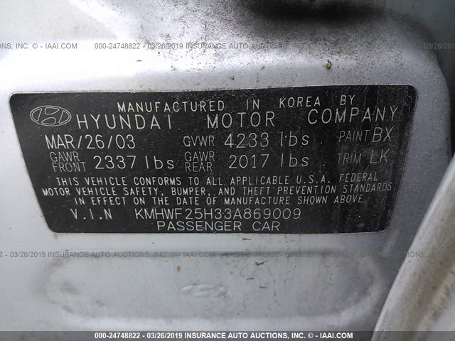 KMHWF25H33A869009 - 2003 HYUNDAI SONATA GL SILVER photo 9