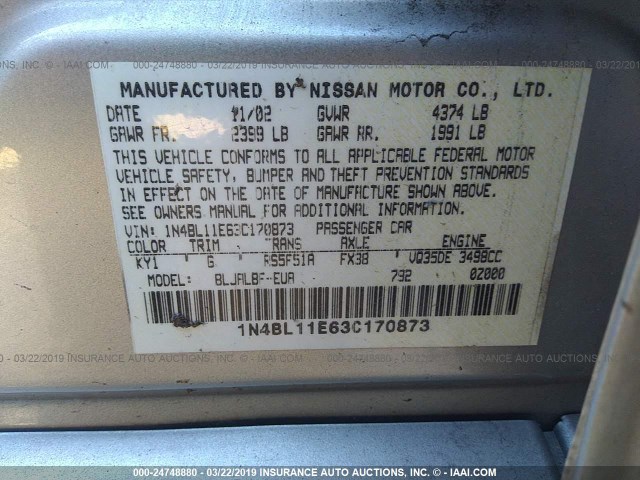 1N4BL11E63C170873 - 2003 NISSAN ALTIMA SE SILVER photo 9