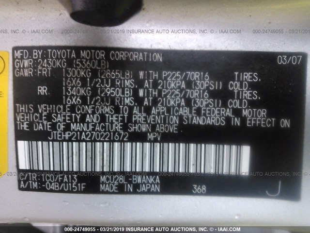 JTEHP21A270221672 - 2007 TOYOTA HIGHLANDER SPORT SILVER photo 9