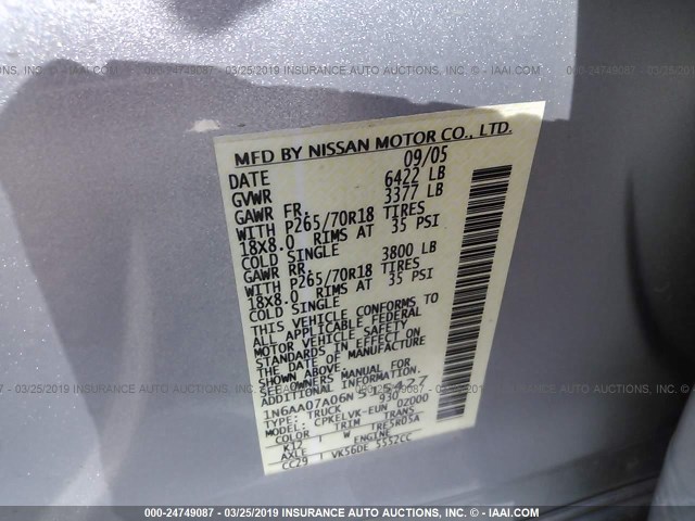 1N6AA07A06N515427 - 2006 NISSAN TITAN XE/SE/LE SILVER photo 9