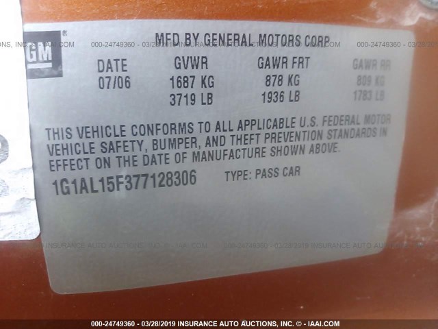 1G1AL15F377128306 - 2007 CHEVROLET COBALT LT ORANGE photo 9