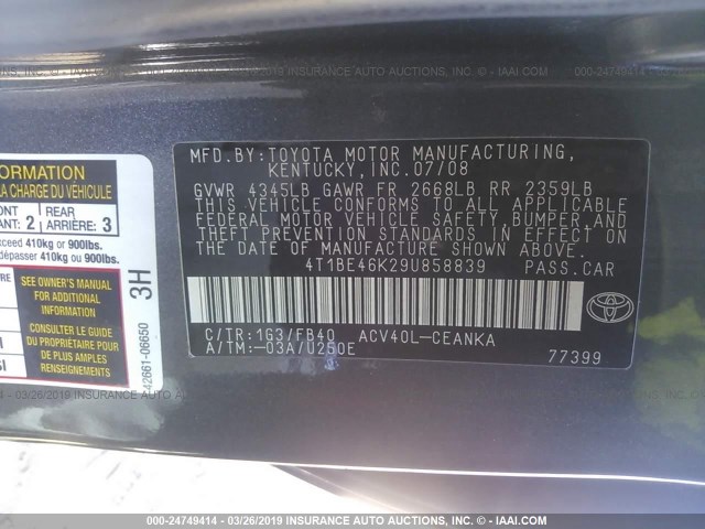 4T1BE46K29U858839 - 2009 TOYOTA CAMRY SE/LE/XLE GRAY photo 9