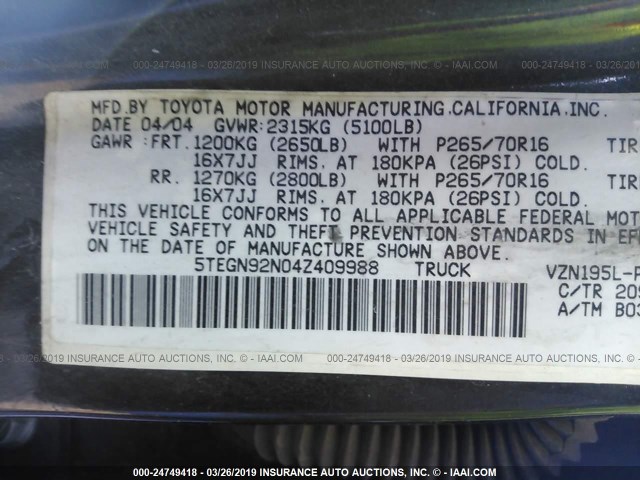 5TEGN92N04Z409988 - 2004 TOYOTA TACOMA DOUBLE CAB PRERUNNER BLACK photo 9