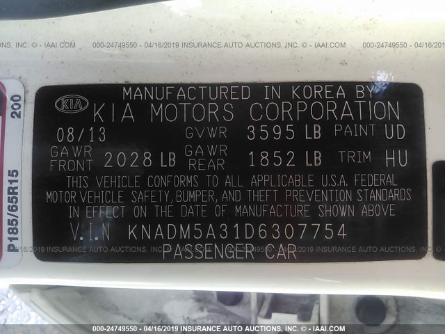 KNADM5A31D6307754 - 2013 KIA RIO LX WHITE photo 9