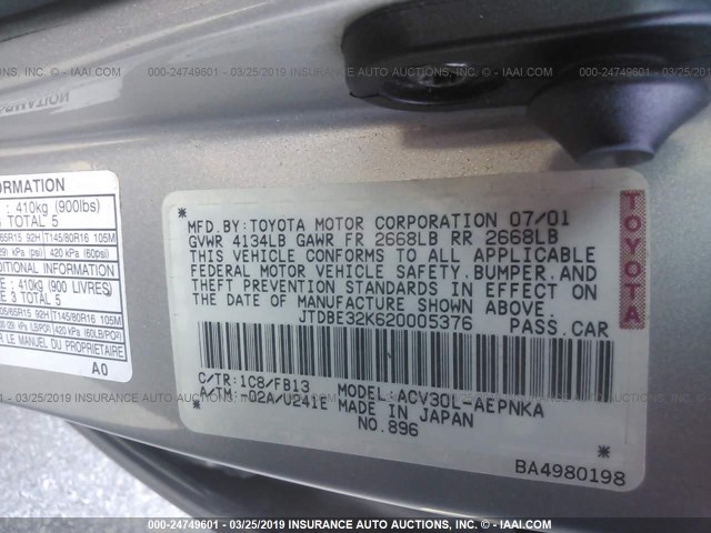 JTDBE32K620005376 - 2002 TOYOTA CAMRY LE/XLE/SE GRAY photo 9