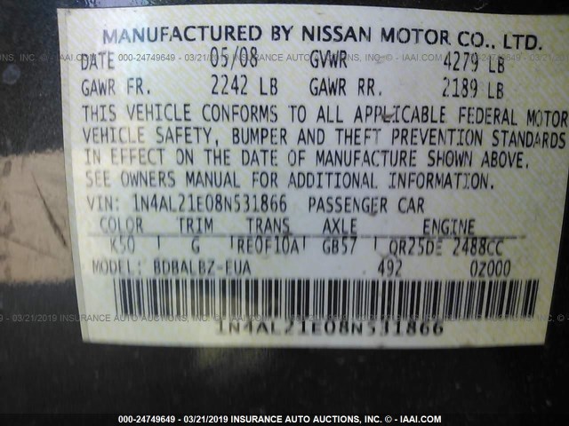 1N4AL21E08N531866 - 2008 NISSAN ALTIMA 2.5/2.5S GRAY photo 9