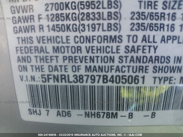 5FNRL38797B405061 - 2007 HONDA ODYSSEY EXL SILVER photo 9