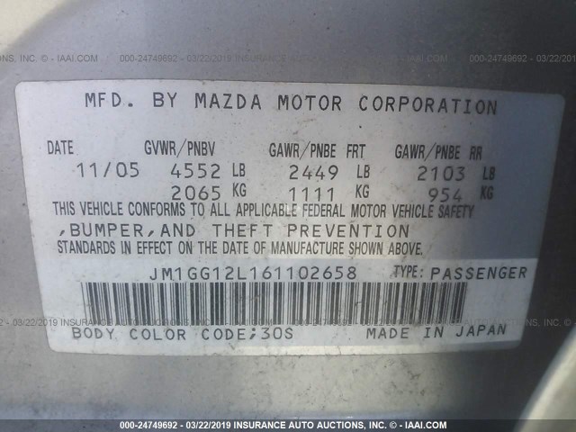 JM1GG12L161102658 - 2006 MAZDA SPEED 6 GRAY photo 9