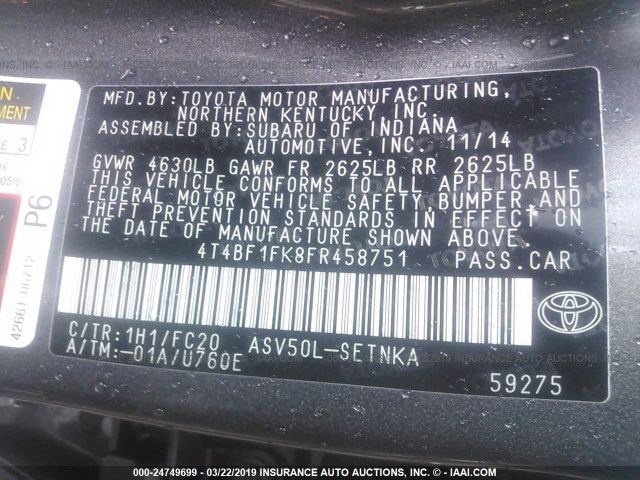 4T4BF1FK8FR458751 - 2015 TOYOTA CAMRY LE/XLE/SE/XSE GRAY photo 9