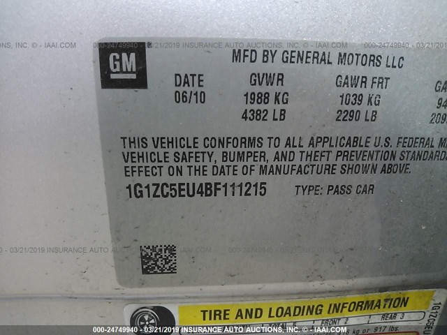 1G1ZC5EU4BF111215 - 2011 CHEVROLET MALIBU 1LT 银色 照片 9