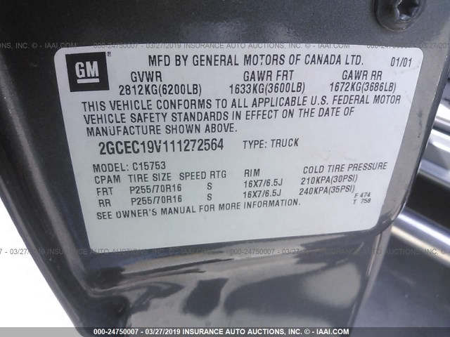 2GCEC19V111272564 - 2001 CHEVROLET SILVERADO C1500 SILVER photo 9