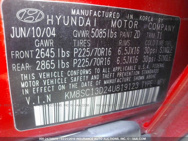 KM8SC13D24U819123 - 2004 HYUNDAI SANTA FE GLS/LX RED photo 9