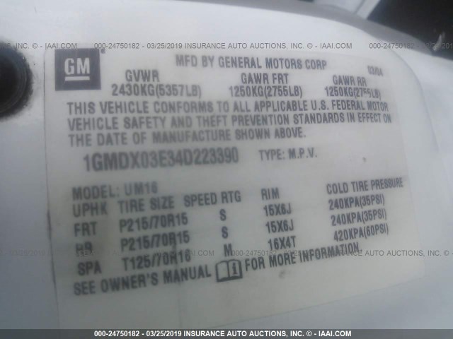 1GMDX03E34D223390 - 2004 PONTIAC MONTANA WHITE photo 9