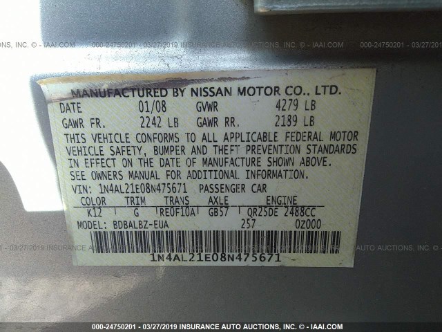 1N4AL21E08N475671 - 2008 NISSAN ALTIMA 2.5/2.5S SILVER photo 9