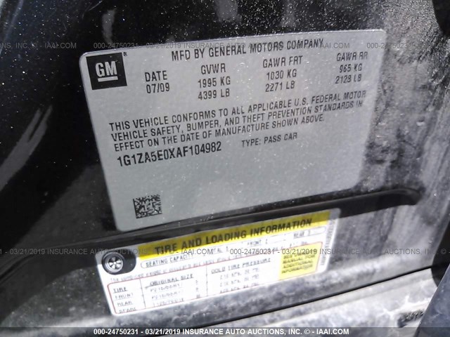 1G1ZA5E0XAF104982 - 2010 CHEVROLET MALIBU LS BLACK photo 9