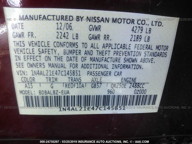 1N4AL21E47C145851 - 2007 NISSAN ALTIMA 2.5/2.5S MAROON photo 9