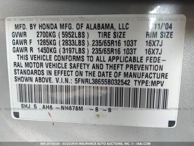 5FNRL38655B032542 - 2005 HONDA ODYSSEY EXL SILVER photo 9