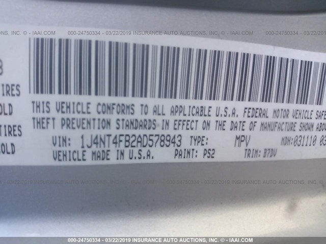 1J4NT4FB2AD578943 - 2010 JEEP COMPASS SPORT SILVER photo 9