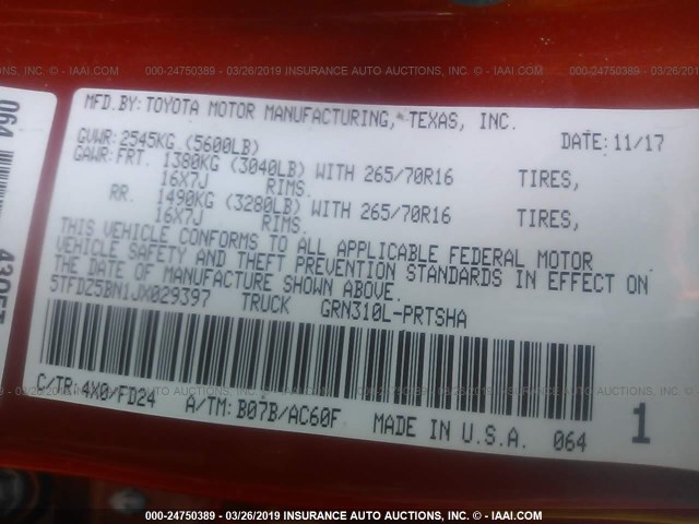 5TFDZ5BN1JX029397 - 2018 TOYOTA TACOMA DBL CAB/SR5/TRD SPORT/OR ORANGE photo 9