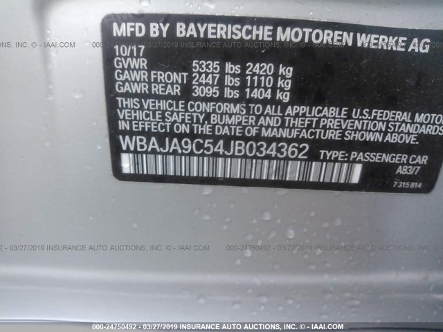 WBAJA9C54JB034362 - 2018 BMW 530E SILVER photo 9