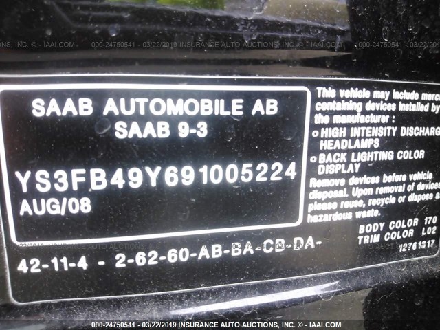 YS3FB49Y691005224 - 2009 SAAB 9-3 2.0T BLACK photo 9