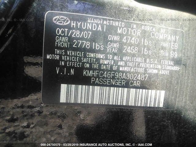 KMHFC46F98A302487 - 2008 HYUNDAI AZERA SE/LIMITED BLACK photo 9