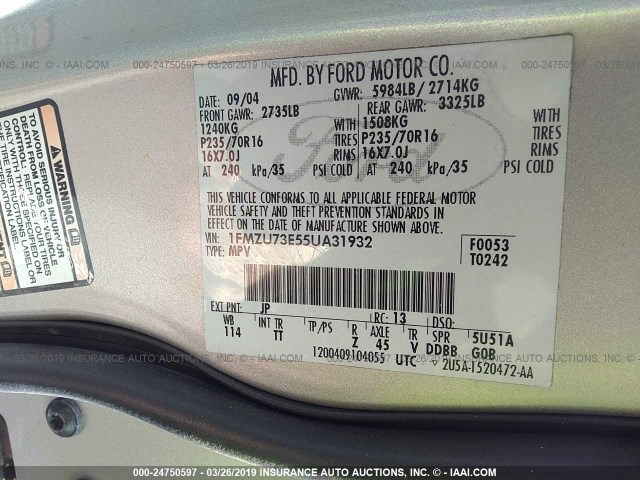 1FMZU73E55UA31932 - 2005 FORD EXPLORER XLT/XLT SPORT/NBX Gümüş foto 9