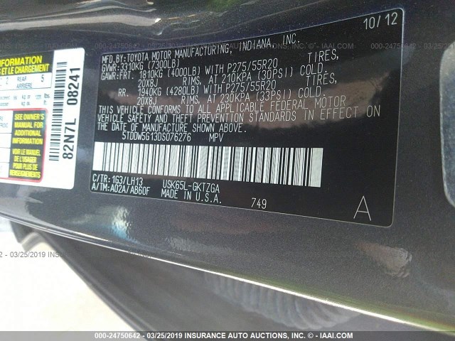 5TDDW5G13DS076276 - 2013 TOYOTA SEQUOIA PLATINUM GRAY photo 9