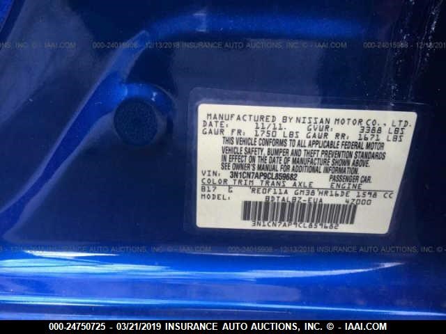 3N1CN7AP9CL859682 - 2012 NISSAN VERSA S/SV/SL BLUE photo 9