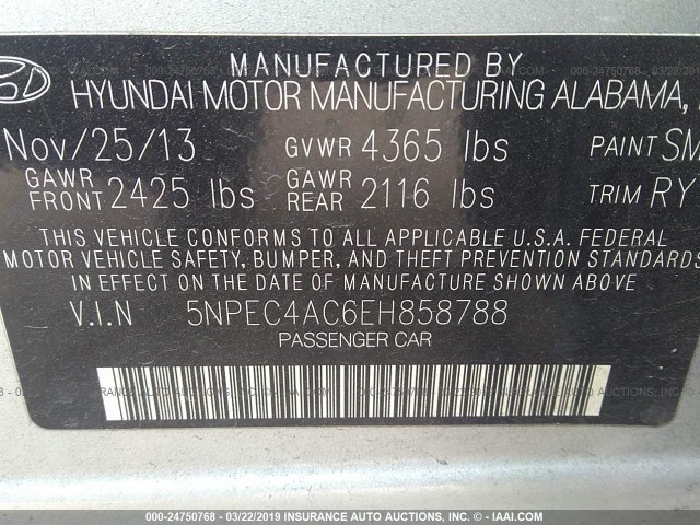 5NPEC4AC6EH858788 - 2014 HYUNDAI SONATA SE/LIMITED SILVER photo 9